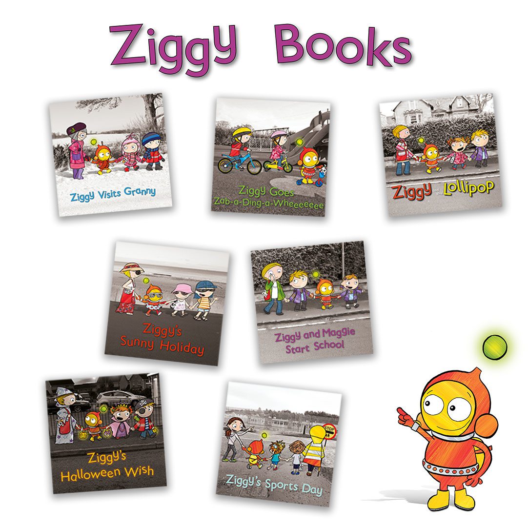 Ziggy points at pictures of seven books