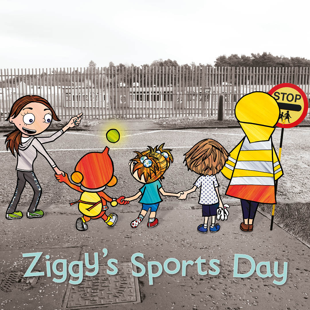 Frankie’s mum, Ziggy, Maggie, Frankie and the lollipop person outside the school
