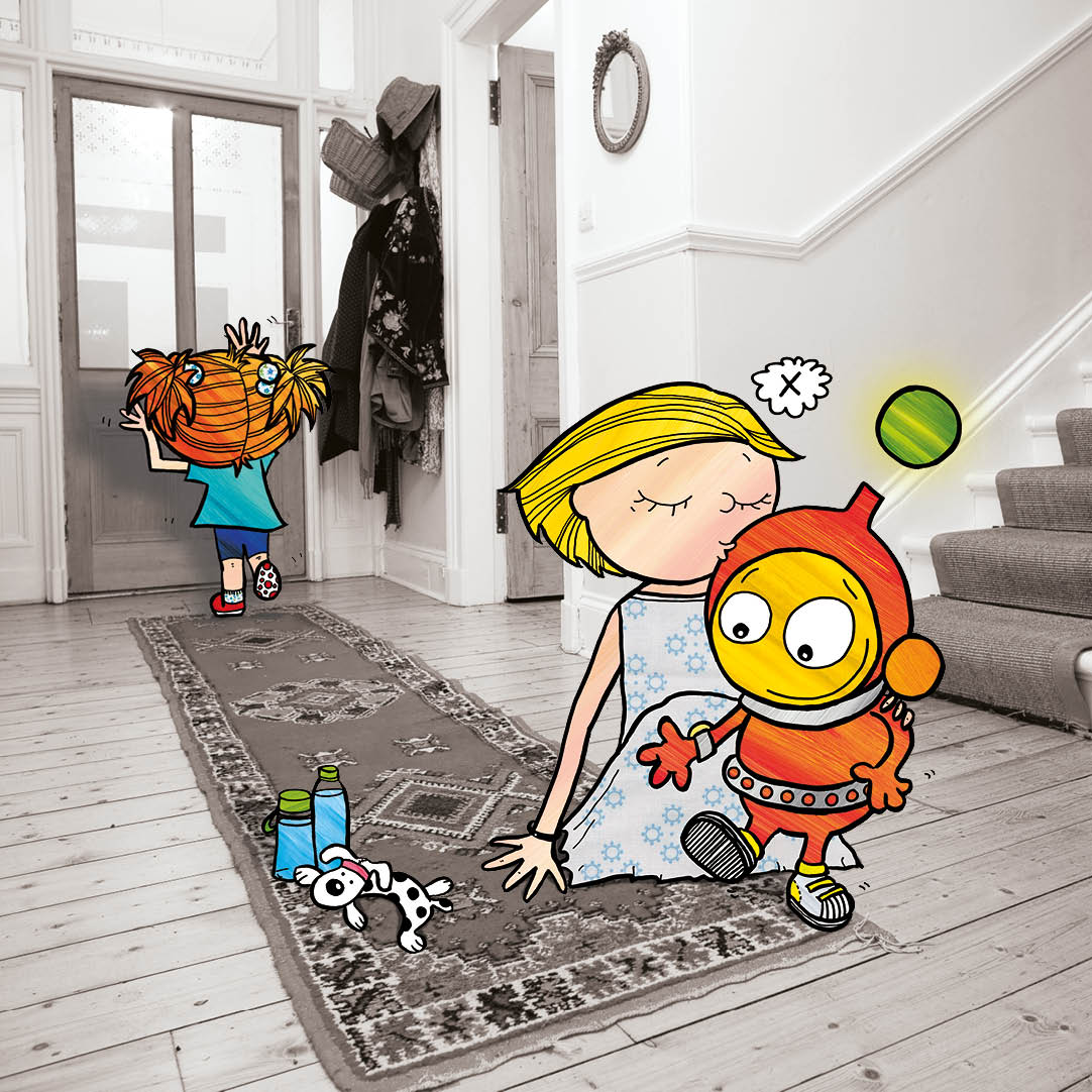 Mum kisses Ziggy on the head as Maggie looks through the front door window