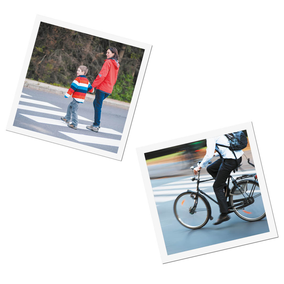 Two photos of a mum and child using a zebra crossing and a man on a bicycle