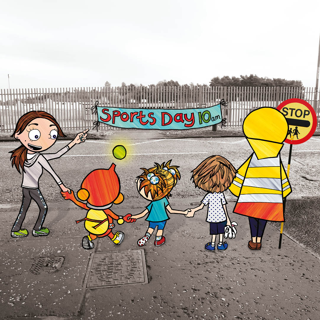 Frankie’s mum pointing at the sports day sign with Ziggy, Maggie, Frankie and the lollipop person outside school