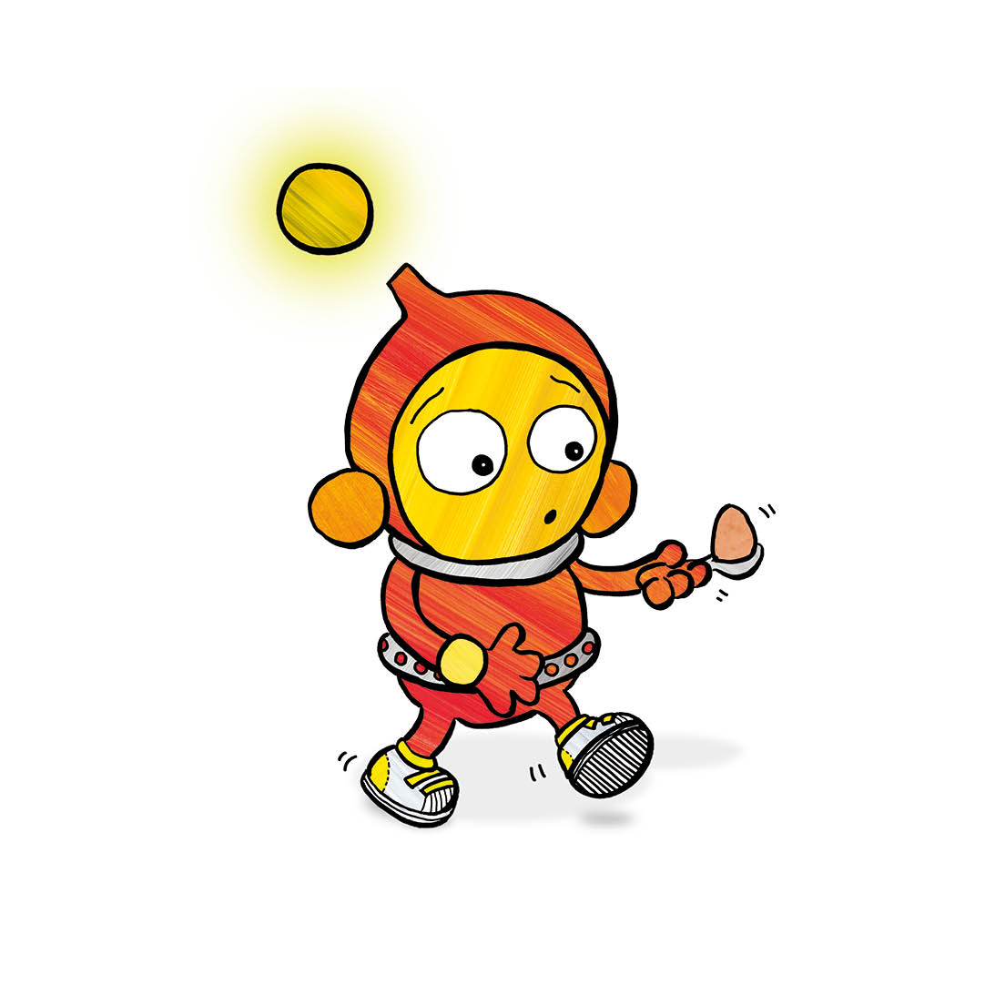 Ziggy holding his egg and spoon steady as he walks