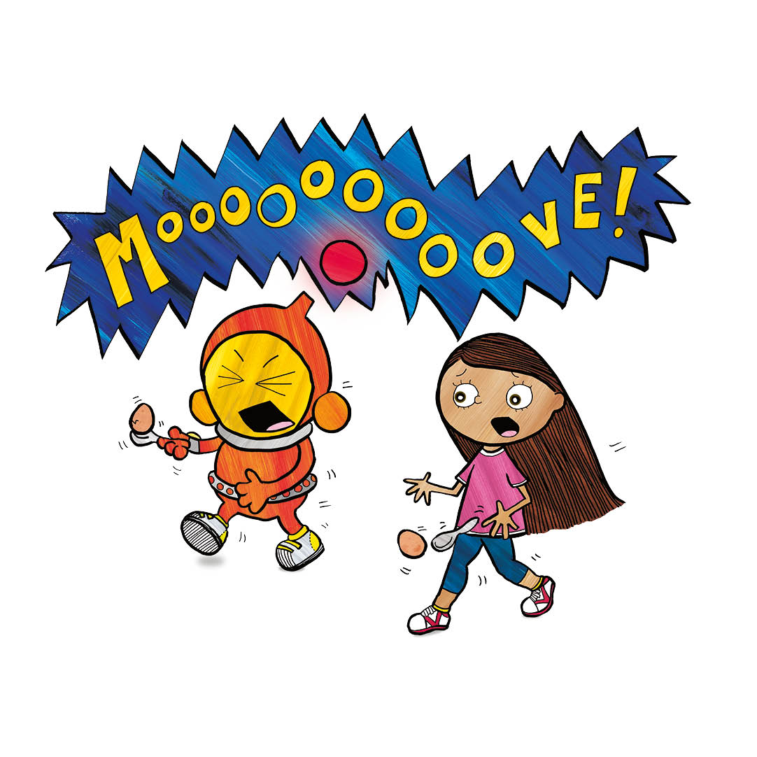 Ziggy shouting “moooove” with his egg and spoon as he marches past Jasmine who drops her egg