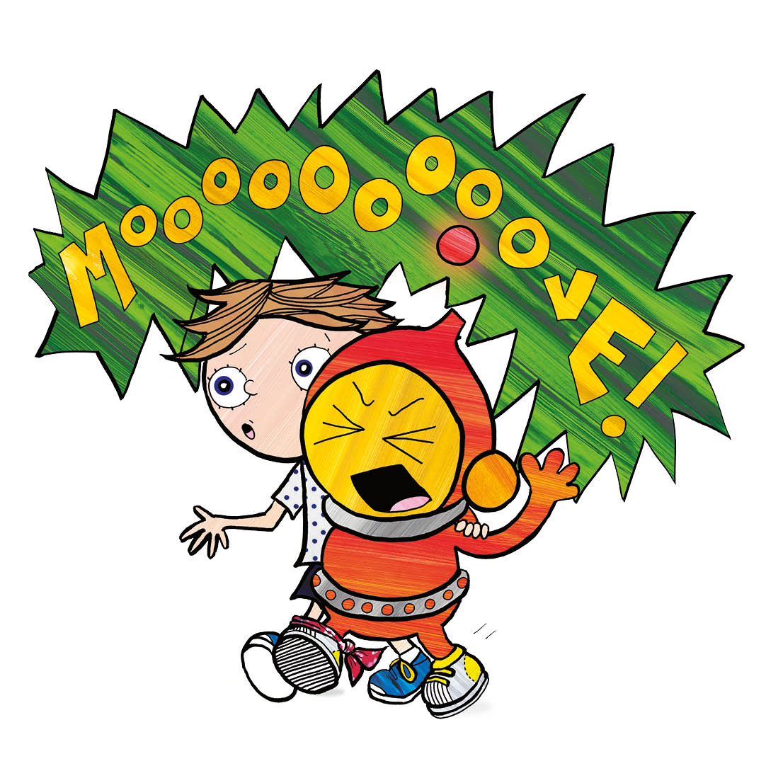 A slight close up of Ziggy shouting “moooove” as he and Frankie run the three-legged race