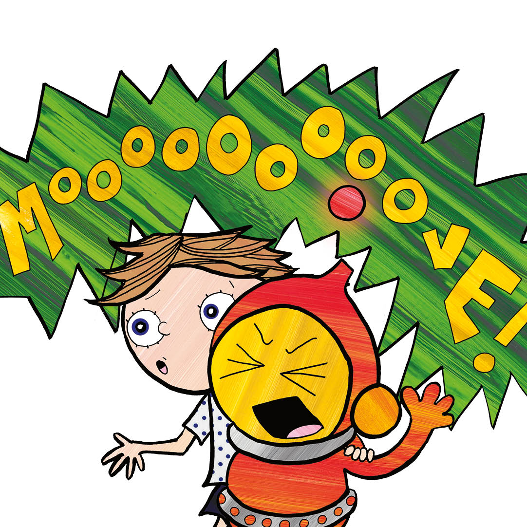 A close up of Ziggy shouting “moooove” as he and Frankie run the three-legged race