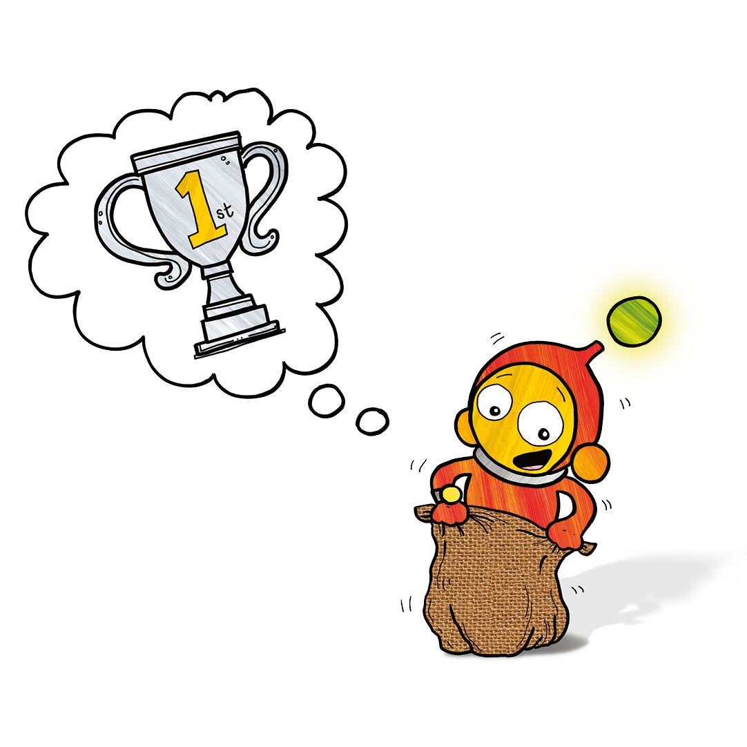 Ziggy in a potato sack thinking of the first-place trophy