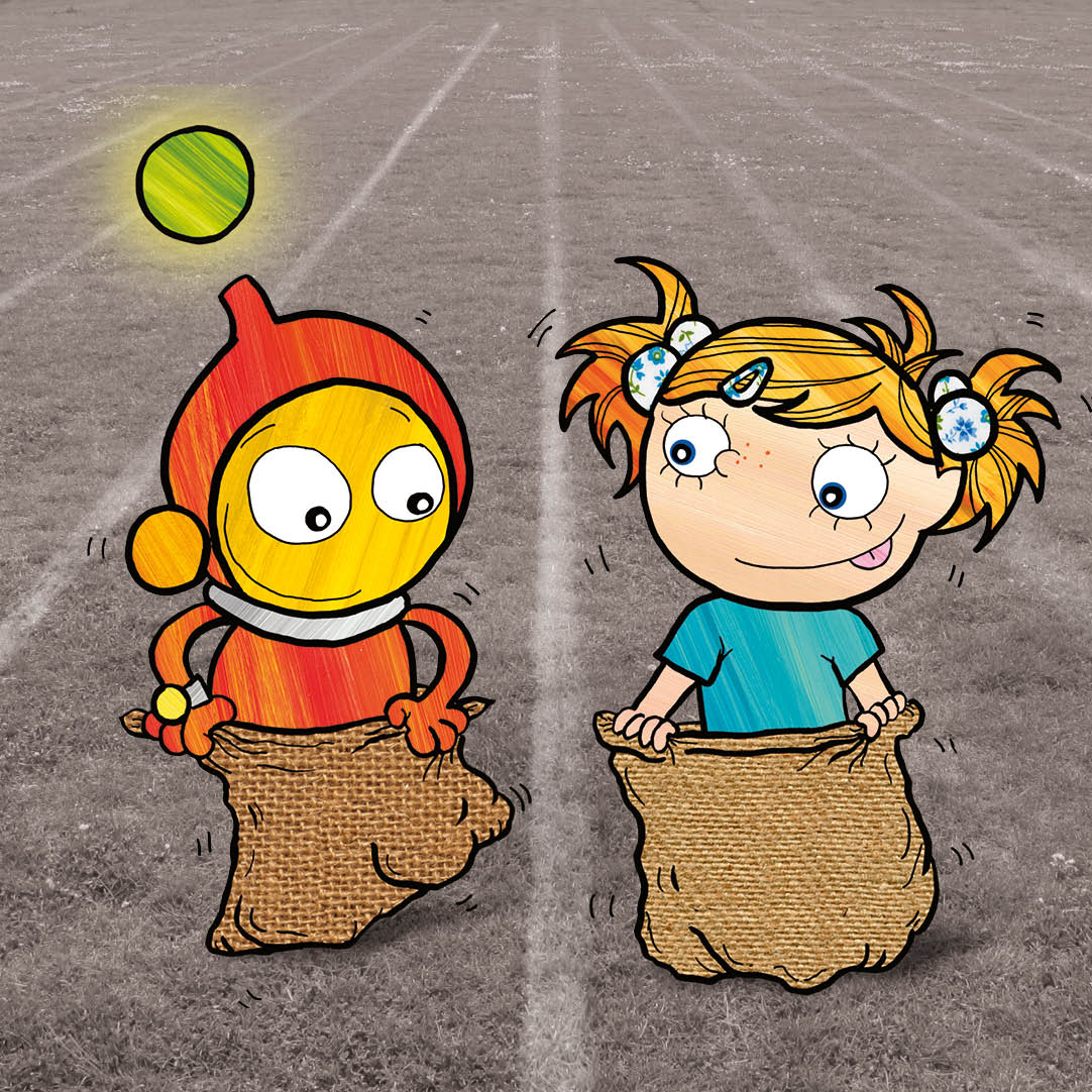 Ziggy and Maggie in their potato sacks running the sack race