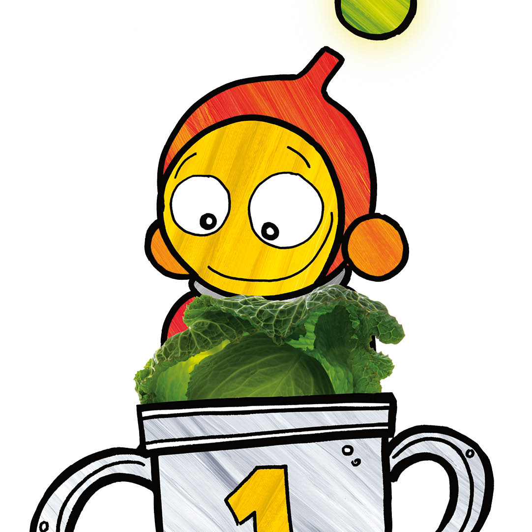 Ziggy looking happy with his first-place trophy full of cabbages