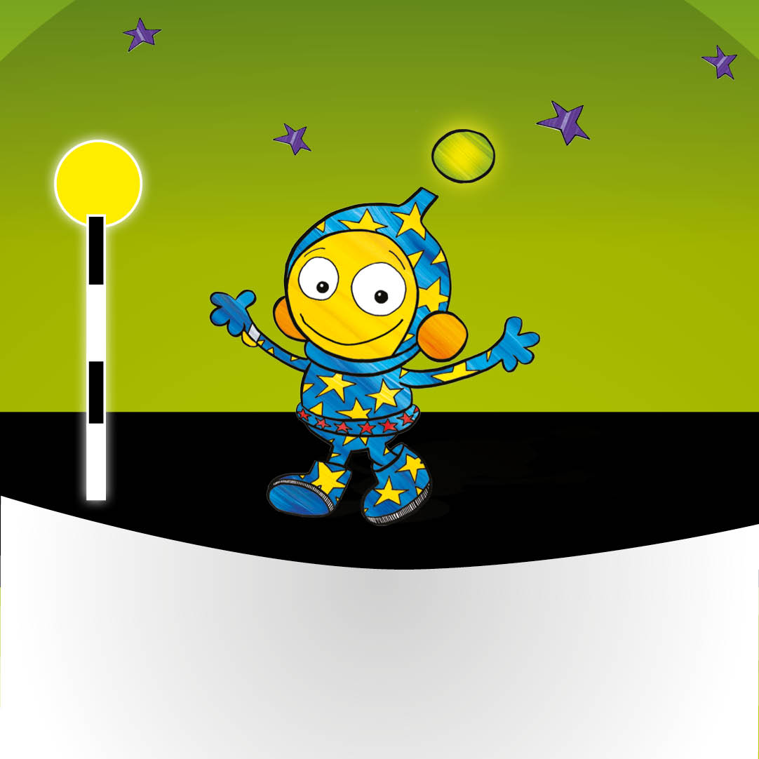 Ziggy wearing a starry suit standing beside a road crossing beacon