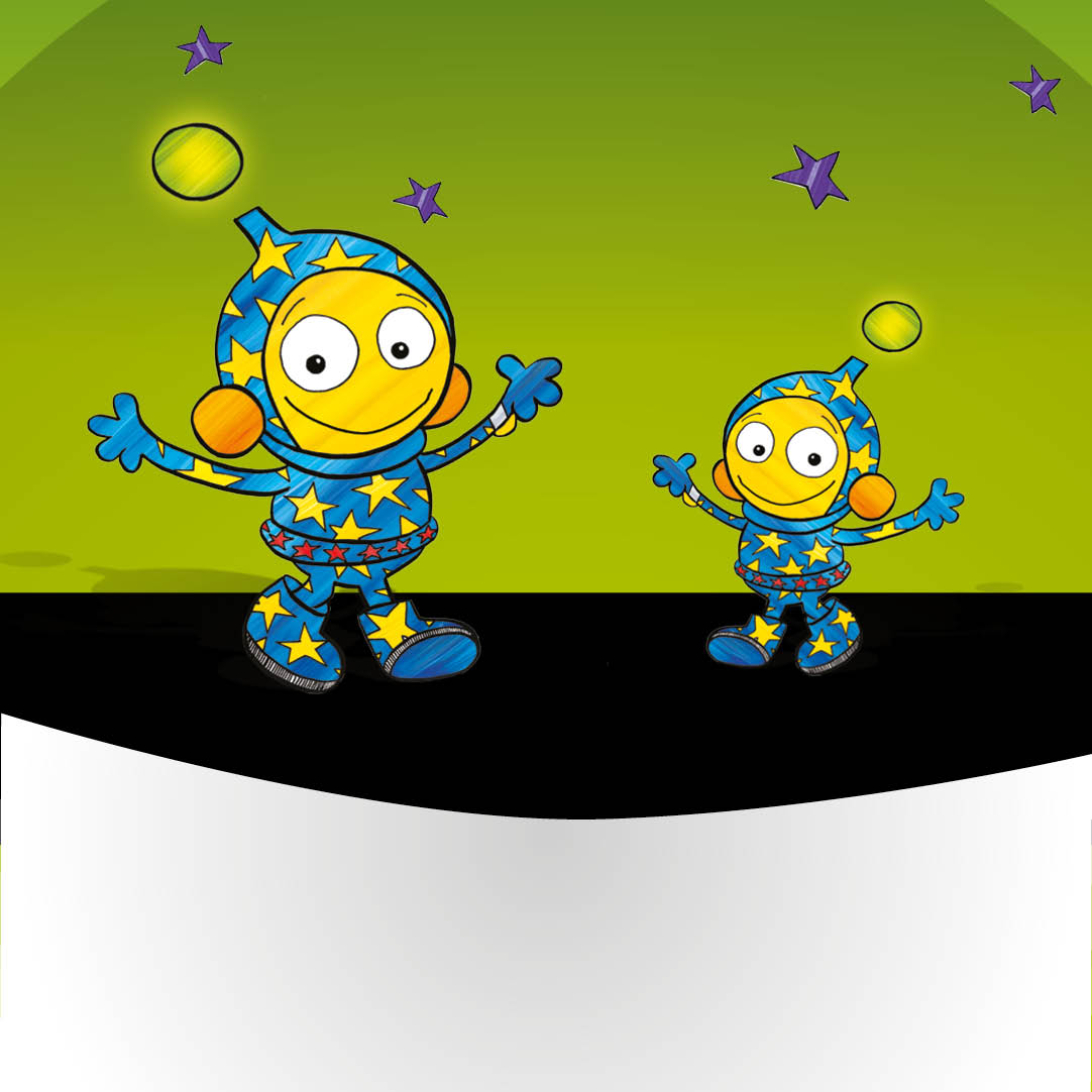 Big Ziggy and a smaller Ziggy waving in their starry costumes