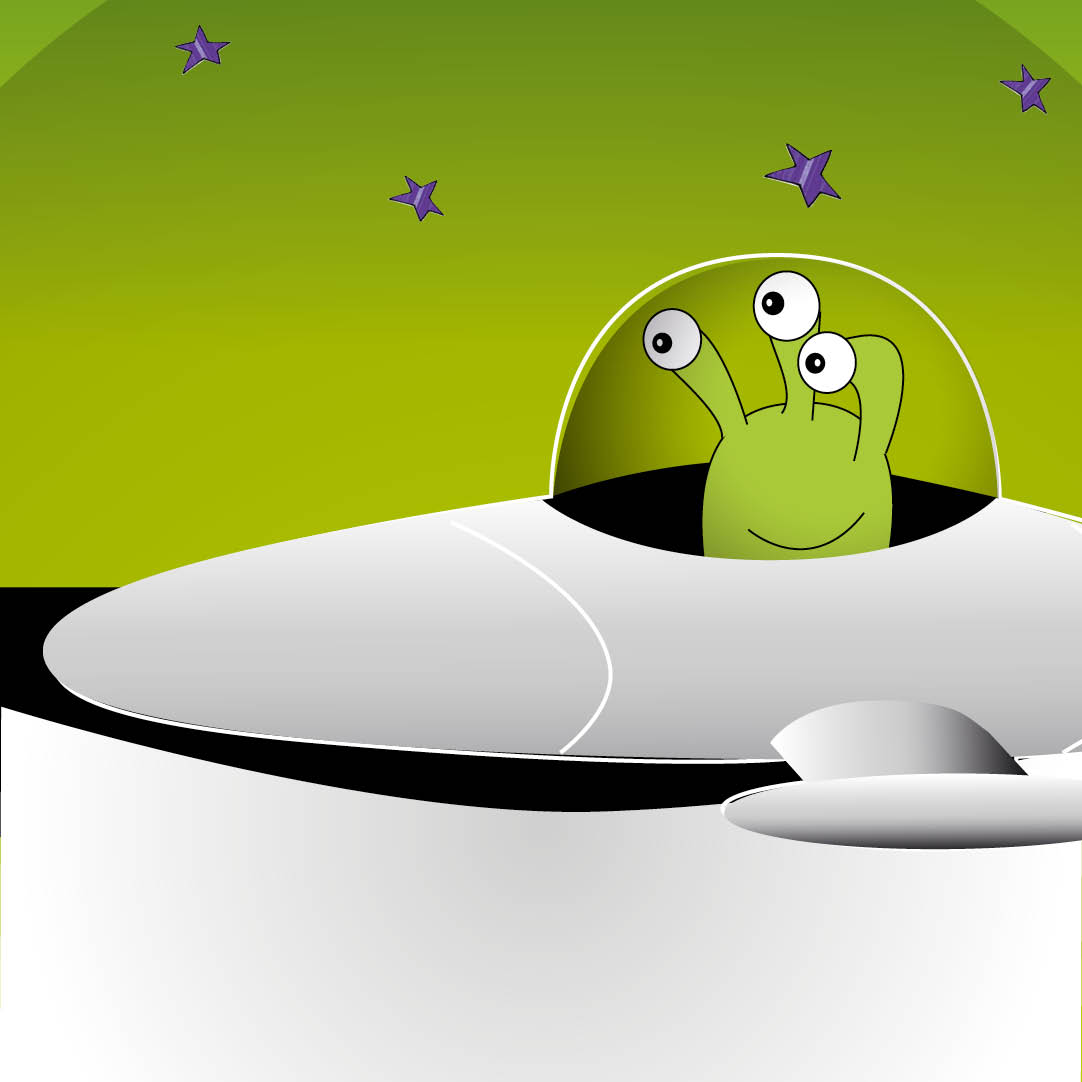 A three-eyed green alien in a spaceship