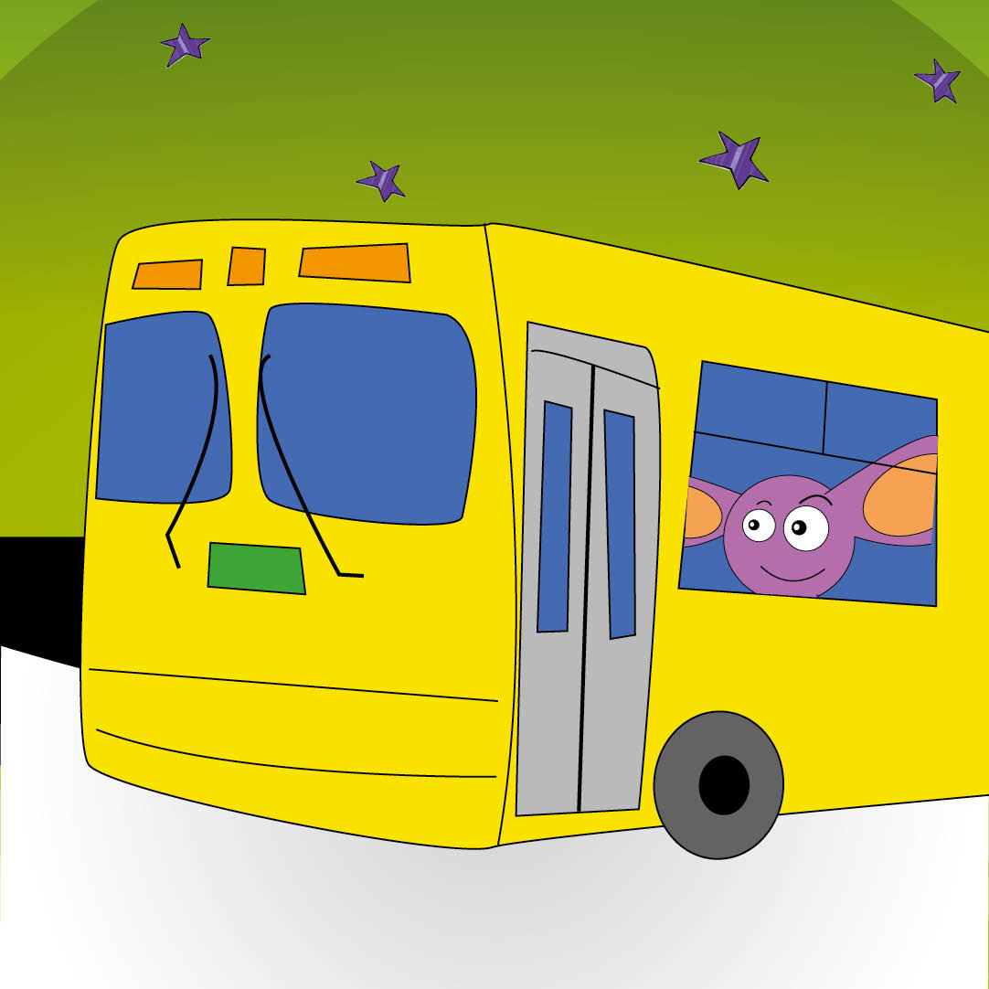 A big-eared alien on a yellow bus