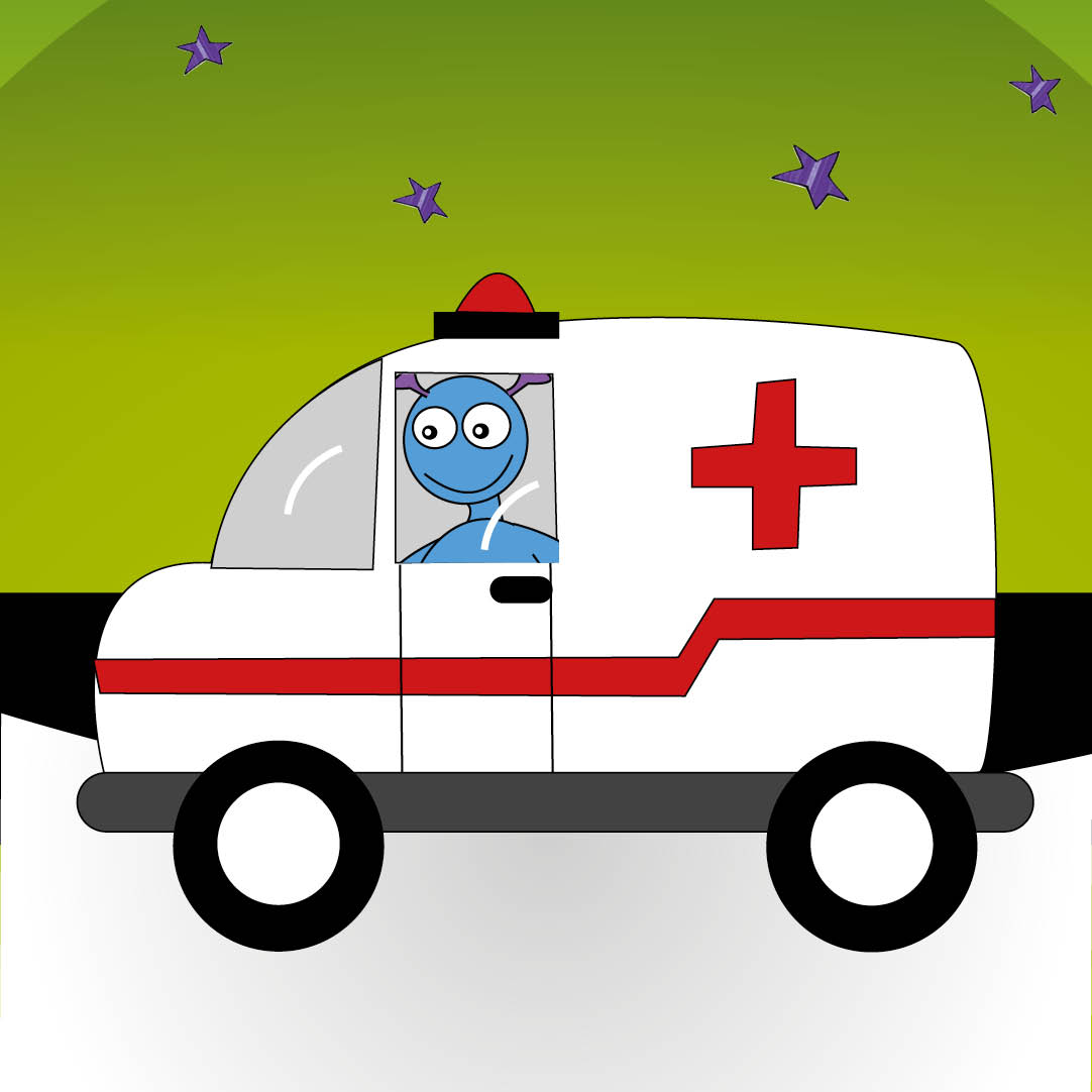 A blue alien driving an ambulance