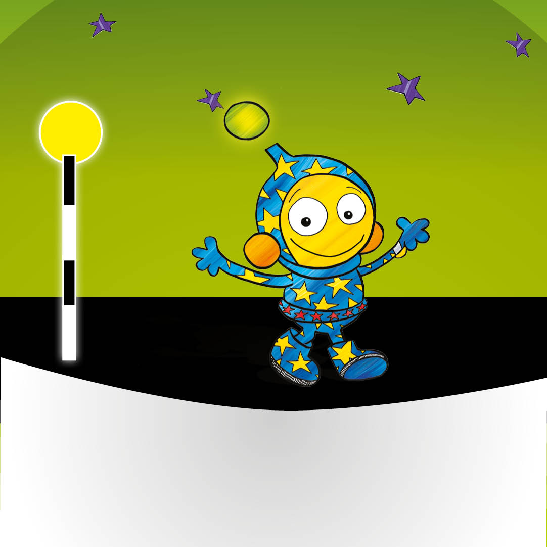 Ziggy wearing a starry suit waving next to a road crossing beacon