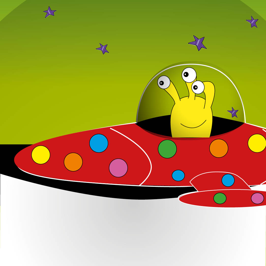 A three-eyed yellow alien in a spotty spaceship